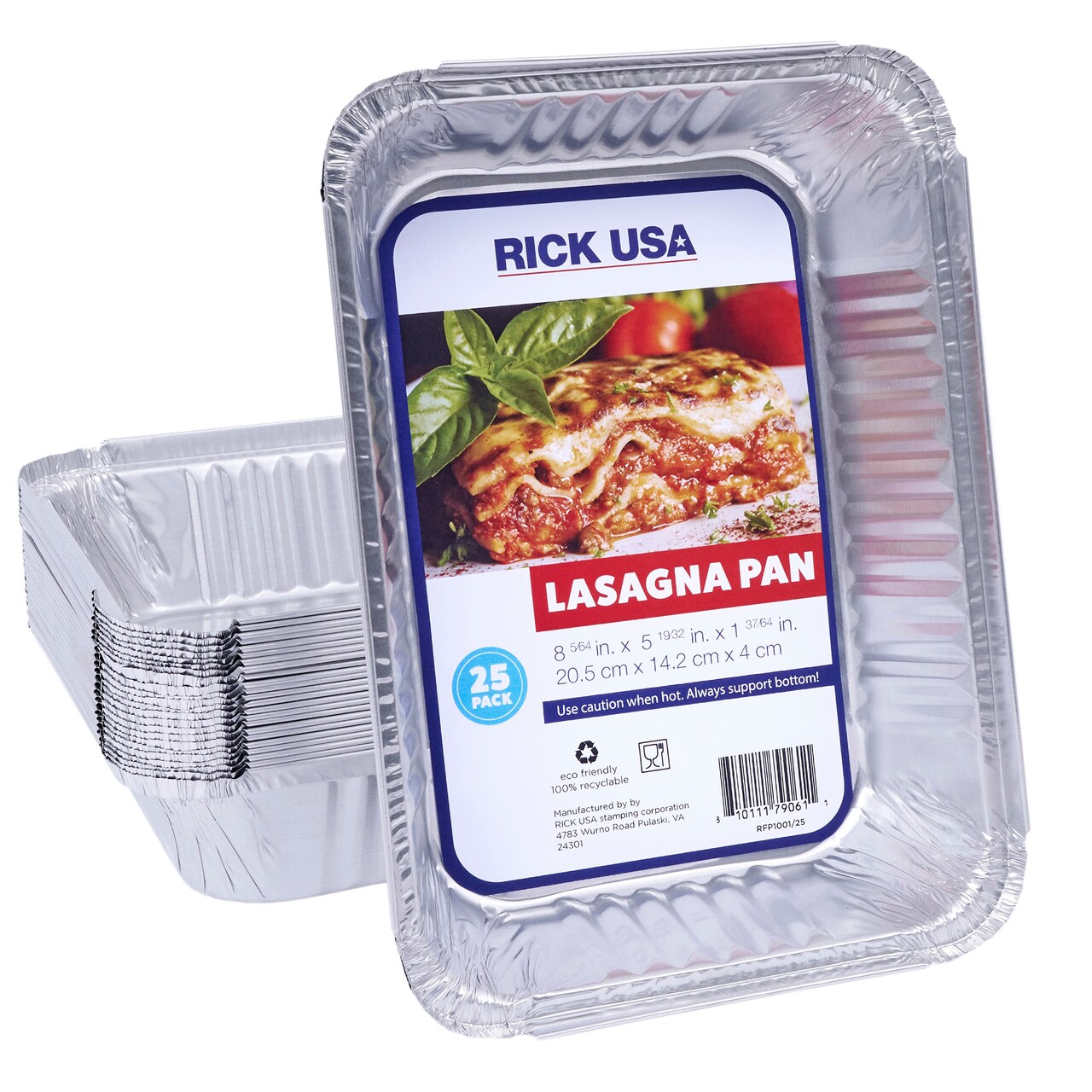 RICK USA: 8" Lasagna Pan - 25 Pack - Disposable Aluminum Foil, Multi-Purpose Baking & Cooking, Durable, Grill-Oven-Freezer-Dishwasher Safe, Recyclable